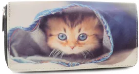 Adorable Kitten in Blue Jeans Bi-Fold Vegan Leather Wallet