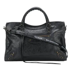 Balenciaga Classic City Black Arena Leather Logo Strap Satchel