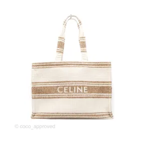 Celine Large Cabas Thais In Striped Textile Tobacco/Tan