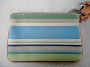 COACH Mini Stripe Cloth Leather Wristlet Purse Wallet Clutch BLUE GREEN TAN