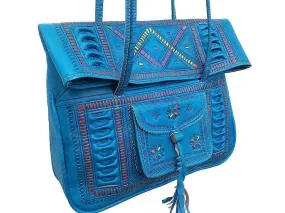 Leather Tote Bag - Chkara - Embroidered - Turquoise