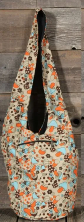 Retro Mushroom Print - Large Sling Bag - Tan Background